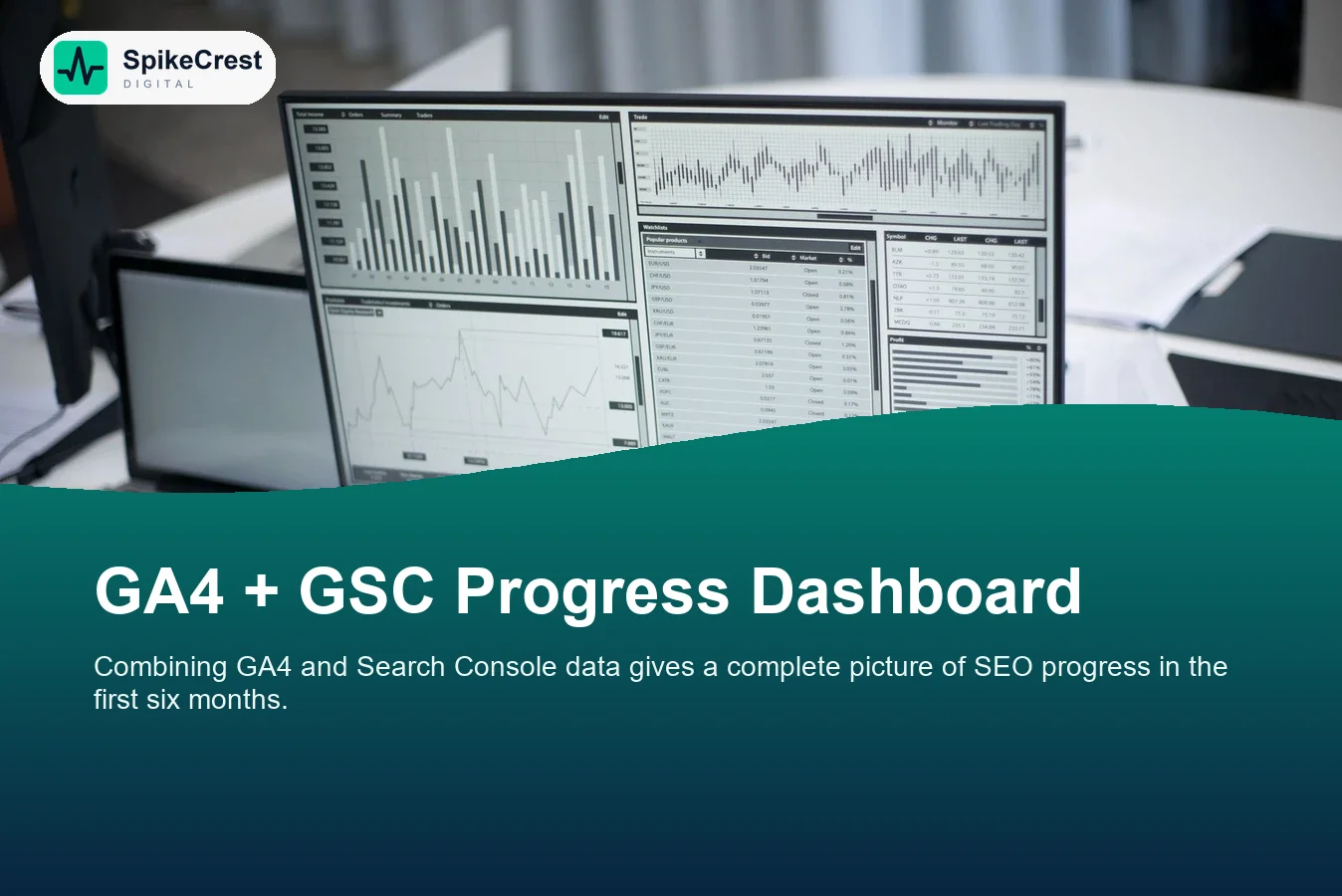 GA4 organic traffic report alongside Search Console dashboard showing six month SEO progress metrics