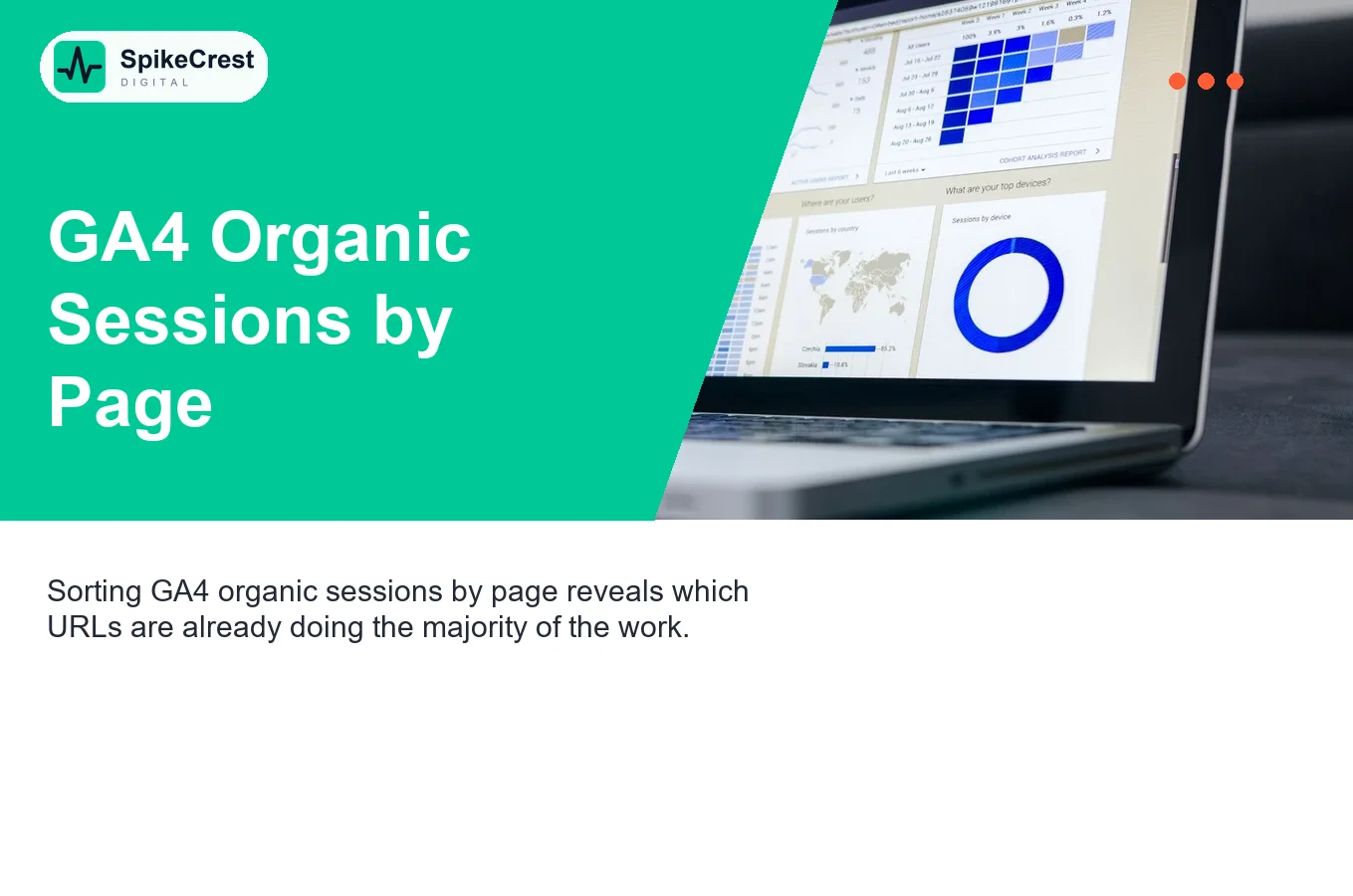 GA4 organic search sessions report sorted by traffic showing top performing pages for SEO vital 20 percent audit