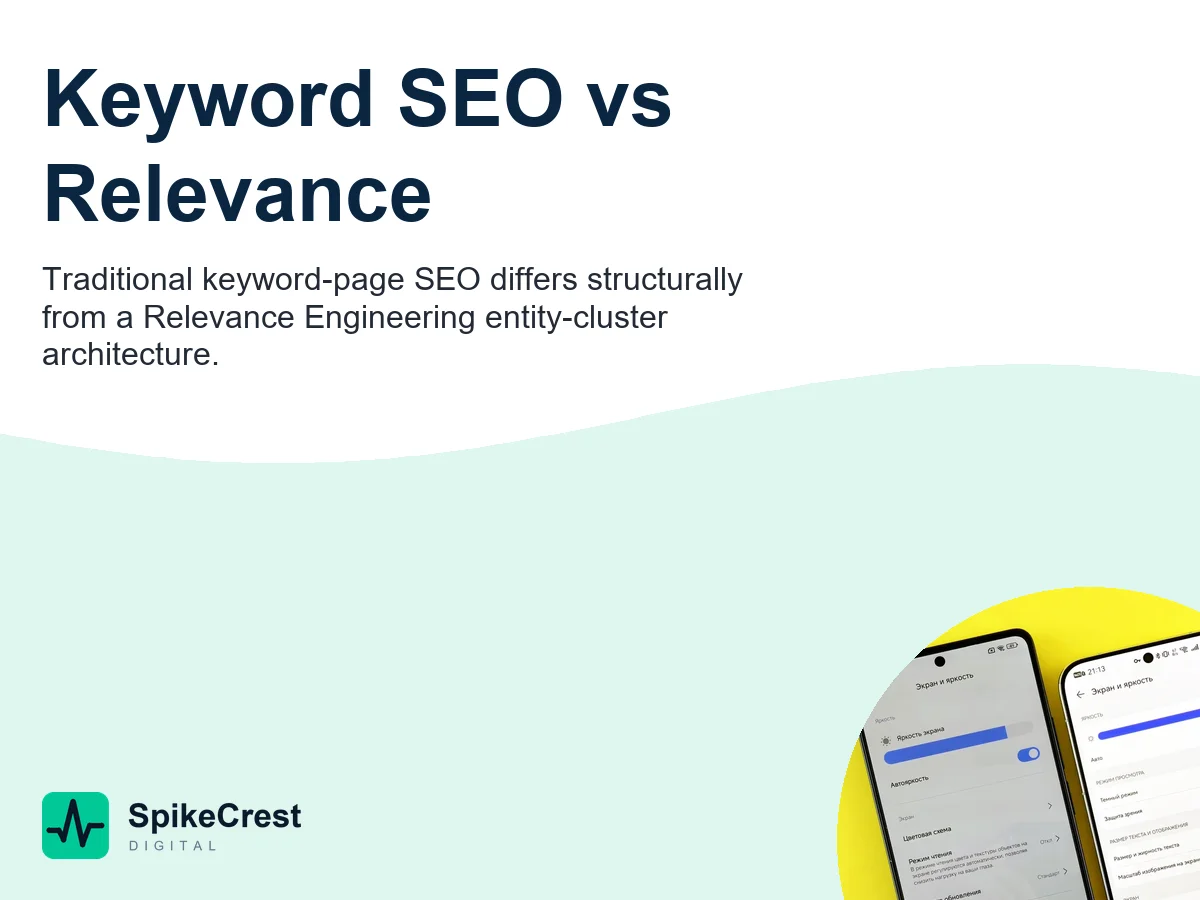 Side-by-side diagram comparing single-keyword page optimization to entity-cluster Relevance Engineering architecture