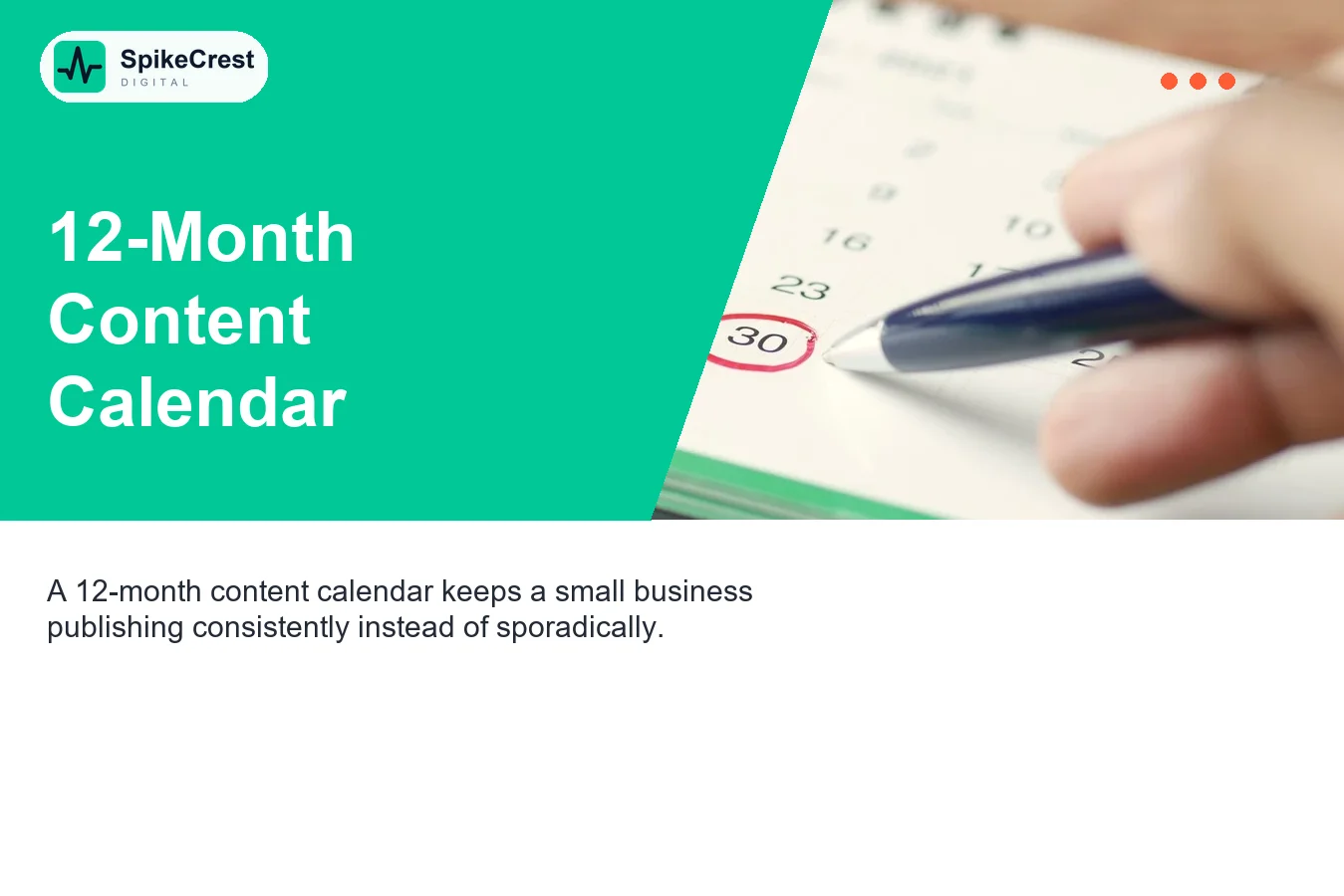 12-month SEO content calendar for small business showing article topics and publishing schedule