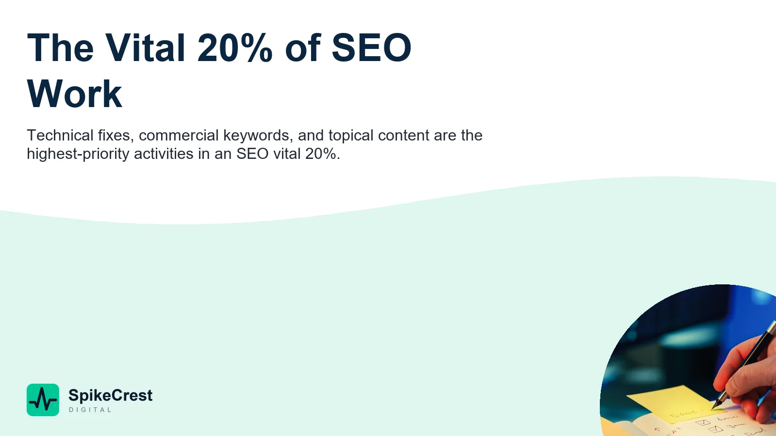 SEO vital 20 percent priority activities diagram showing indexability content and backlinks driving organic traffic